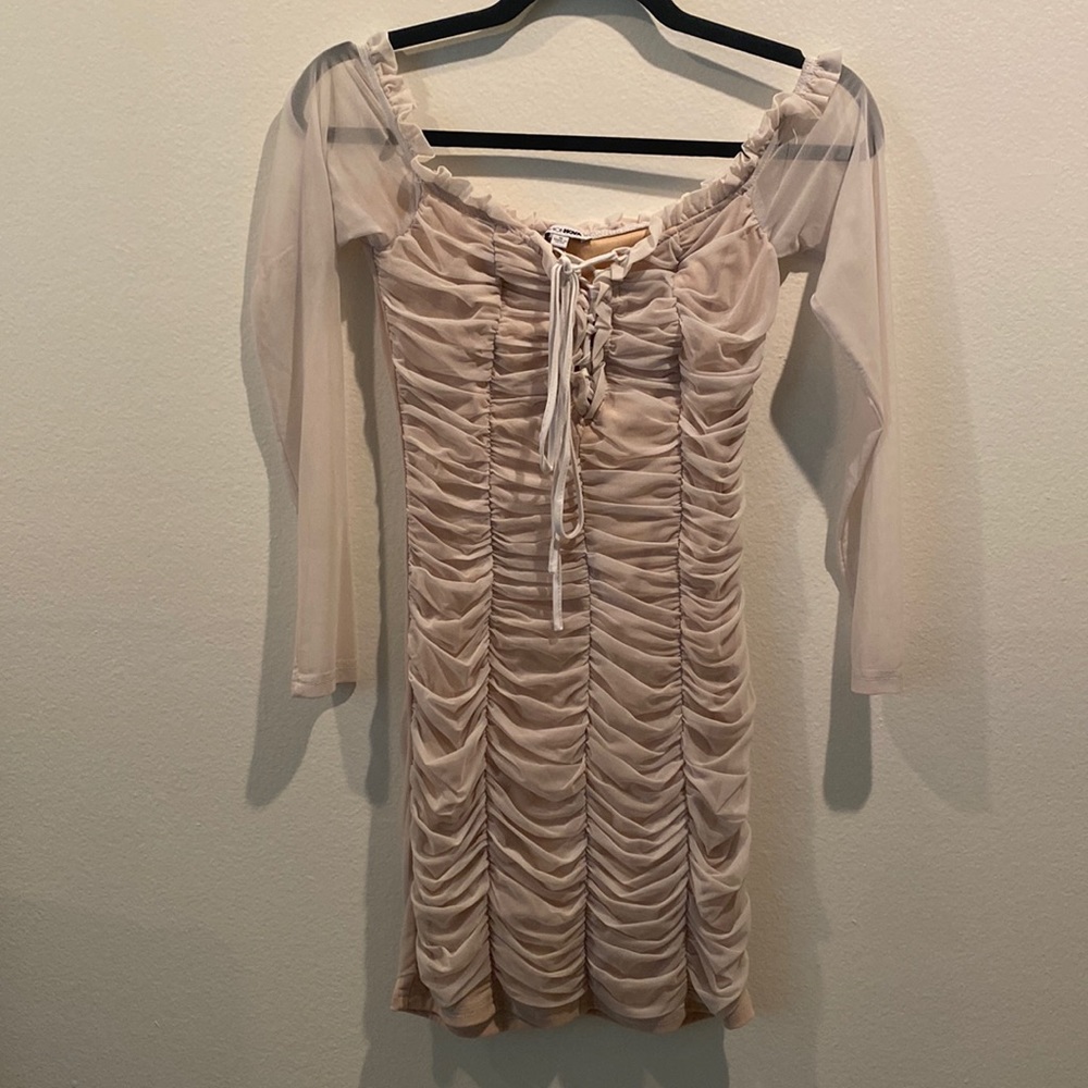 Off The Shoulder Fitted Nude Mini Dress